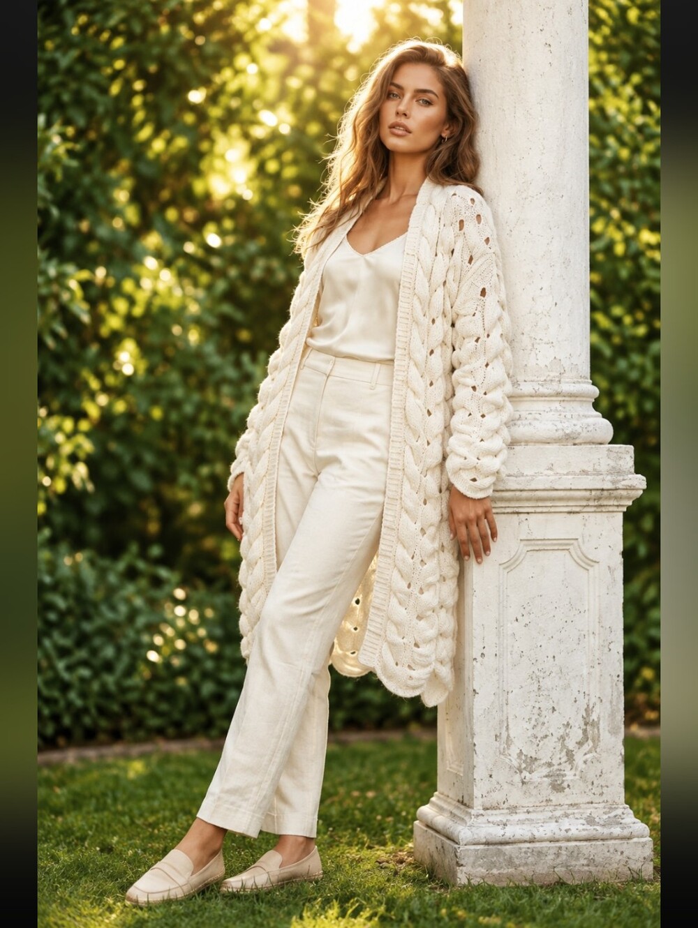 Open-Front Chunky Cable Knit Cardigan - Cream